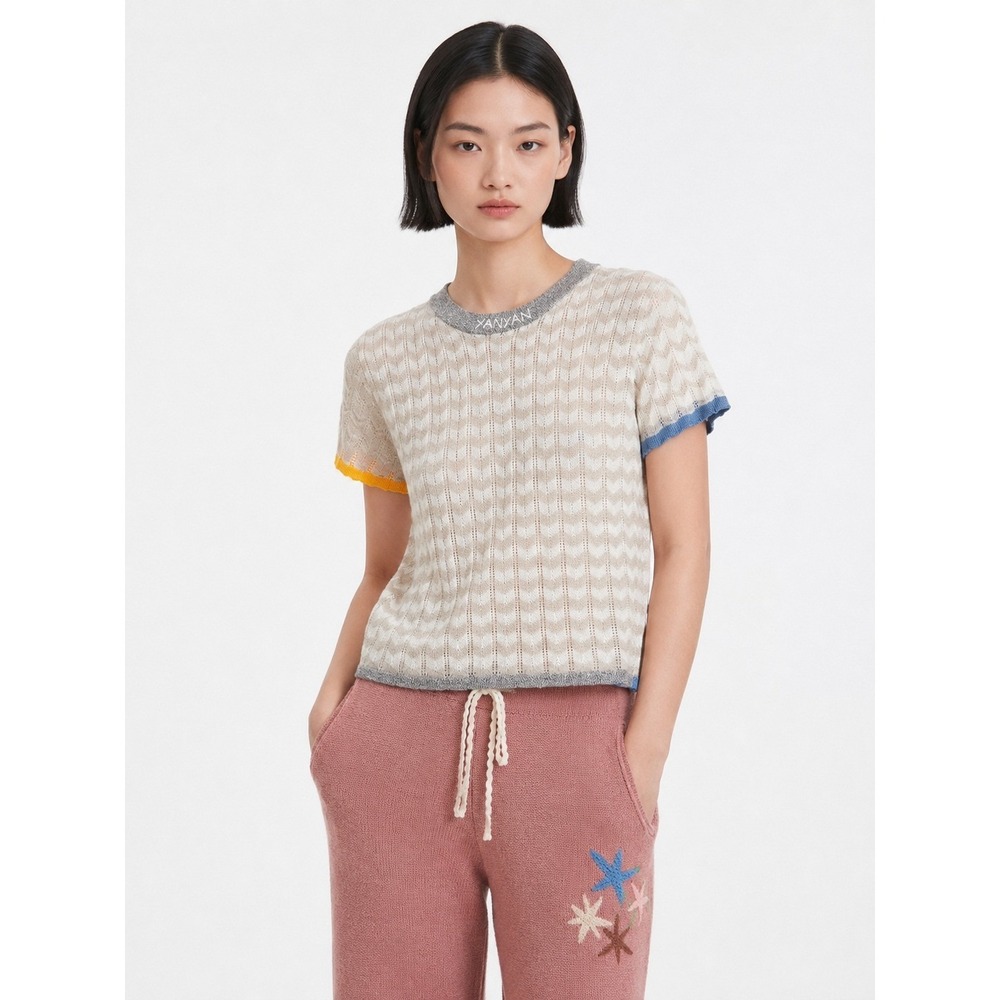 YanYan Knits Tong S Tee Neutral Linen Chevron Embroidered Minimalist Luxury